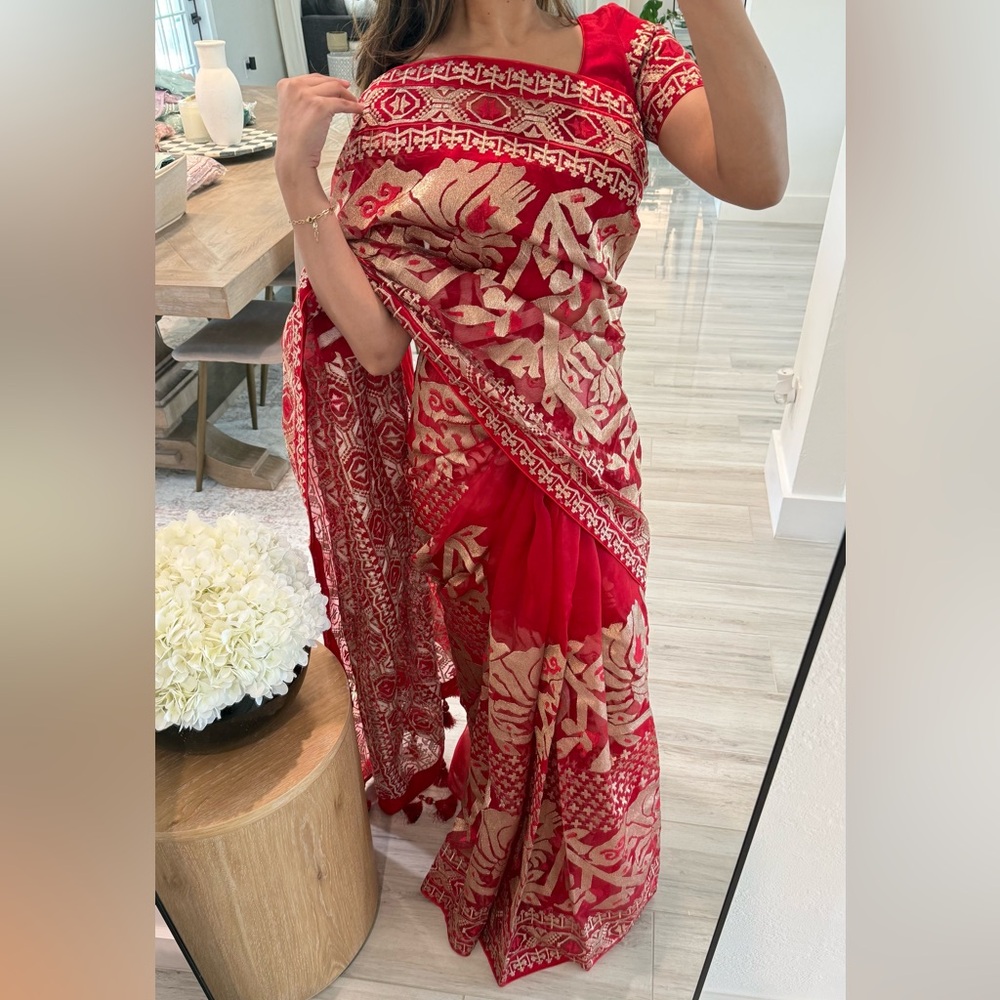 Red and Gold Jamdani Saree